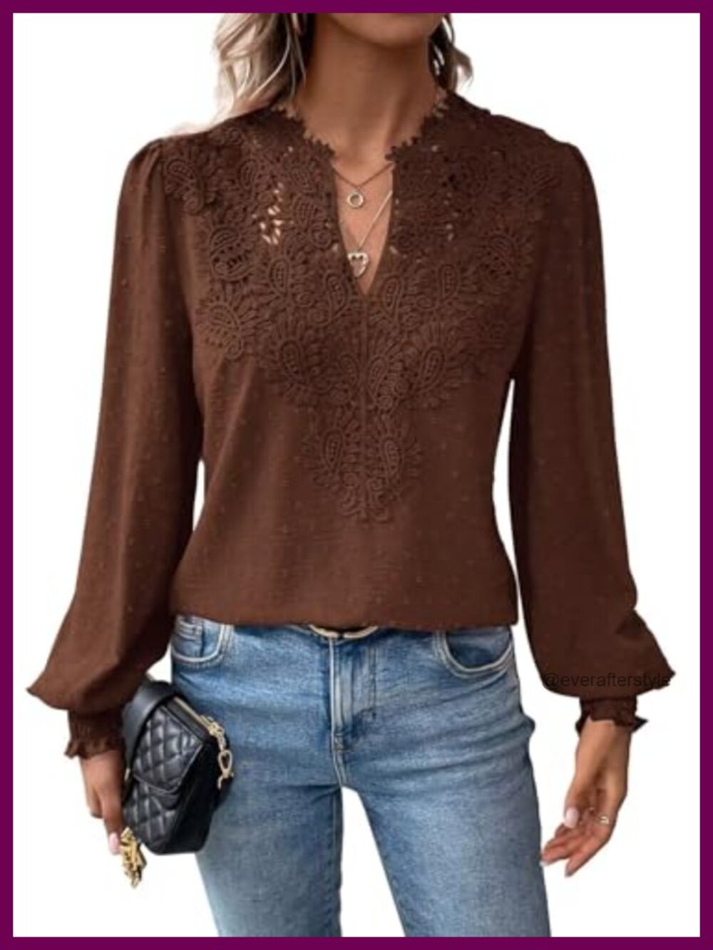 Womens Boho Lace Floral V Neck Long Sleeve Blouse Ruffle Crochet Top